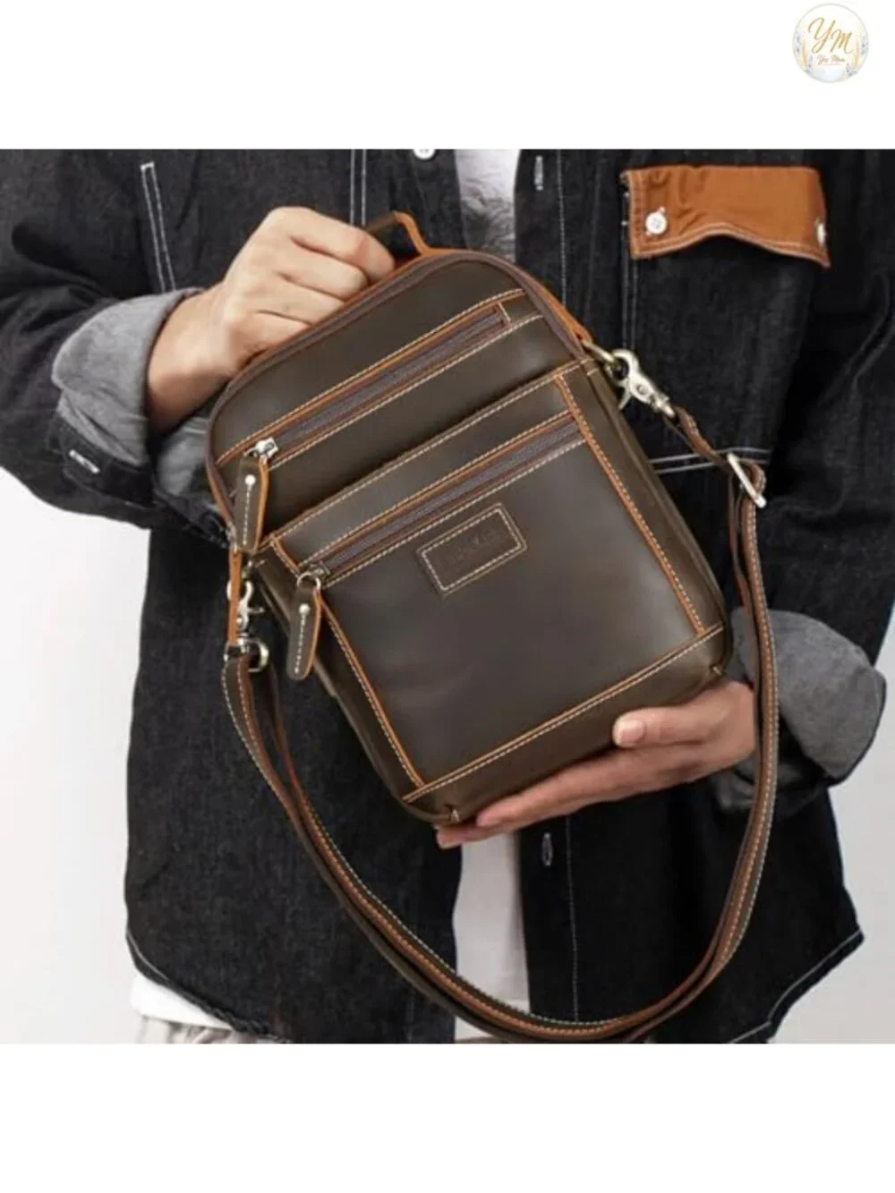 Italian Full Grain Leather Messenger Bag for Men Crossbody Shoulder Business